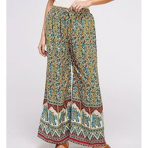Teal & Green Wide Leg Elastic Waist Palazzo Pants